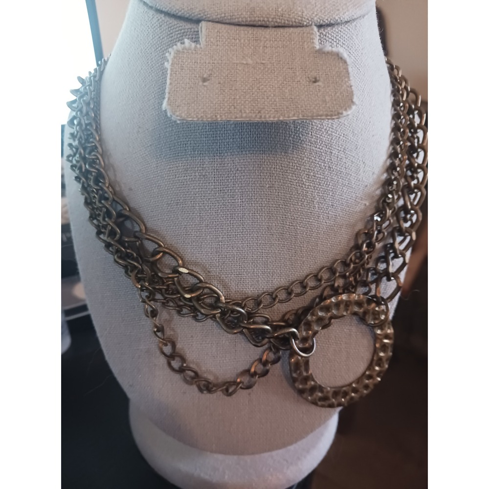 Brass Multi Strand Layered Chain Necklace Hammered Ring Statement
